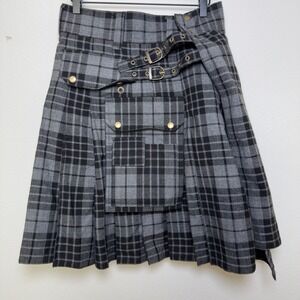 Got Kilt Black Grey Plaid Kilt Skirt 30" Double Buckle Pockets Night Watch